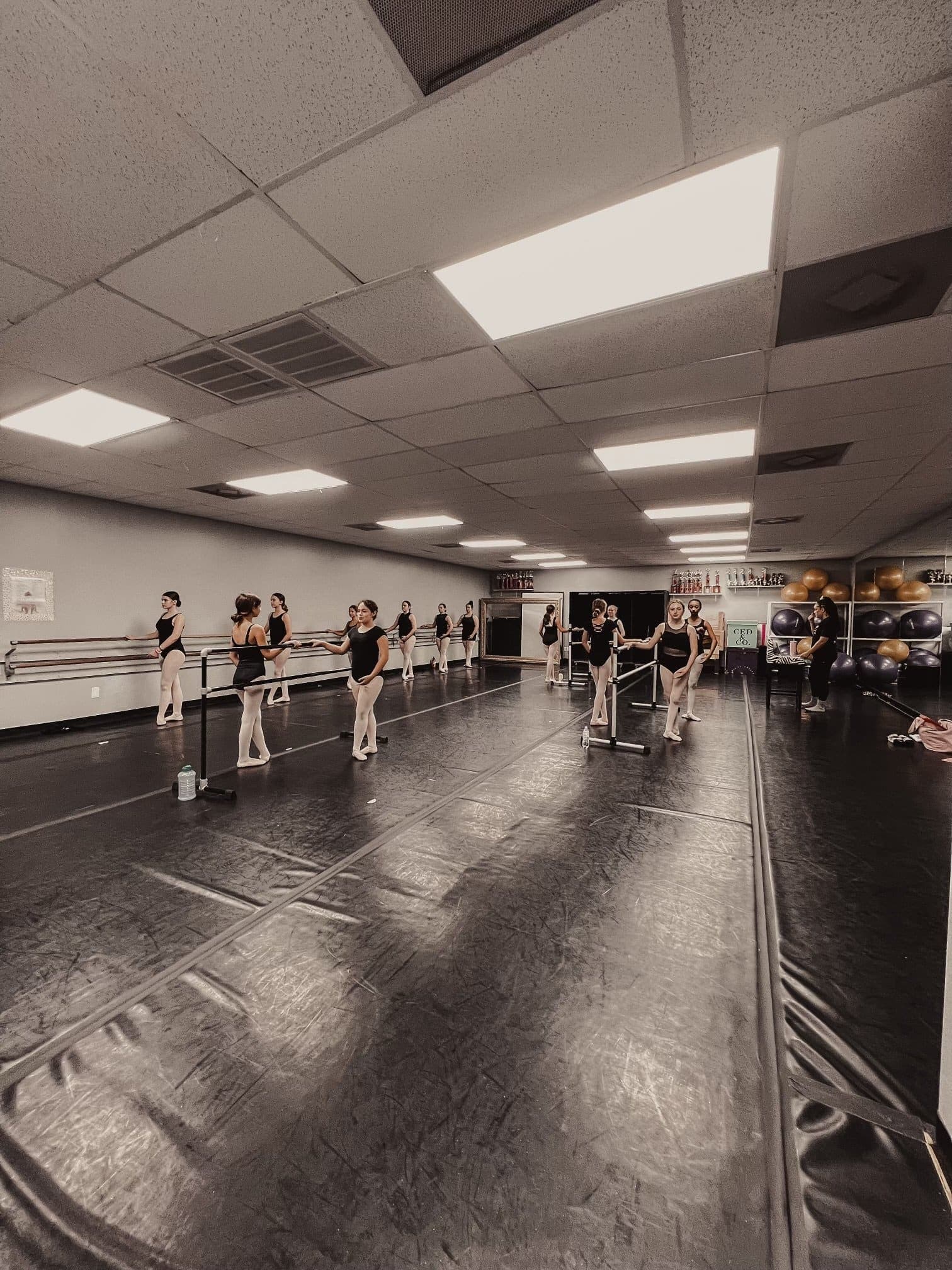 Dance class rehearsing in a studio