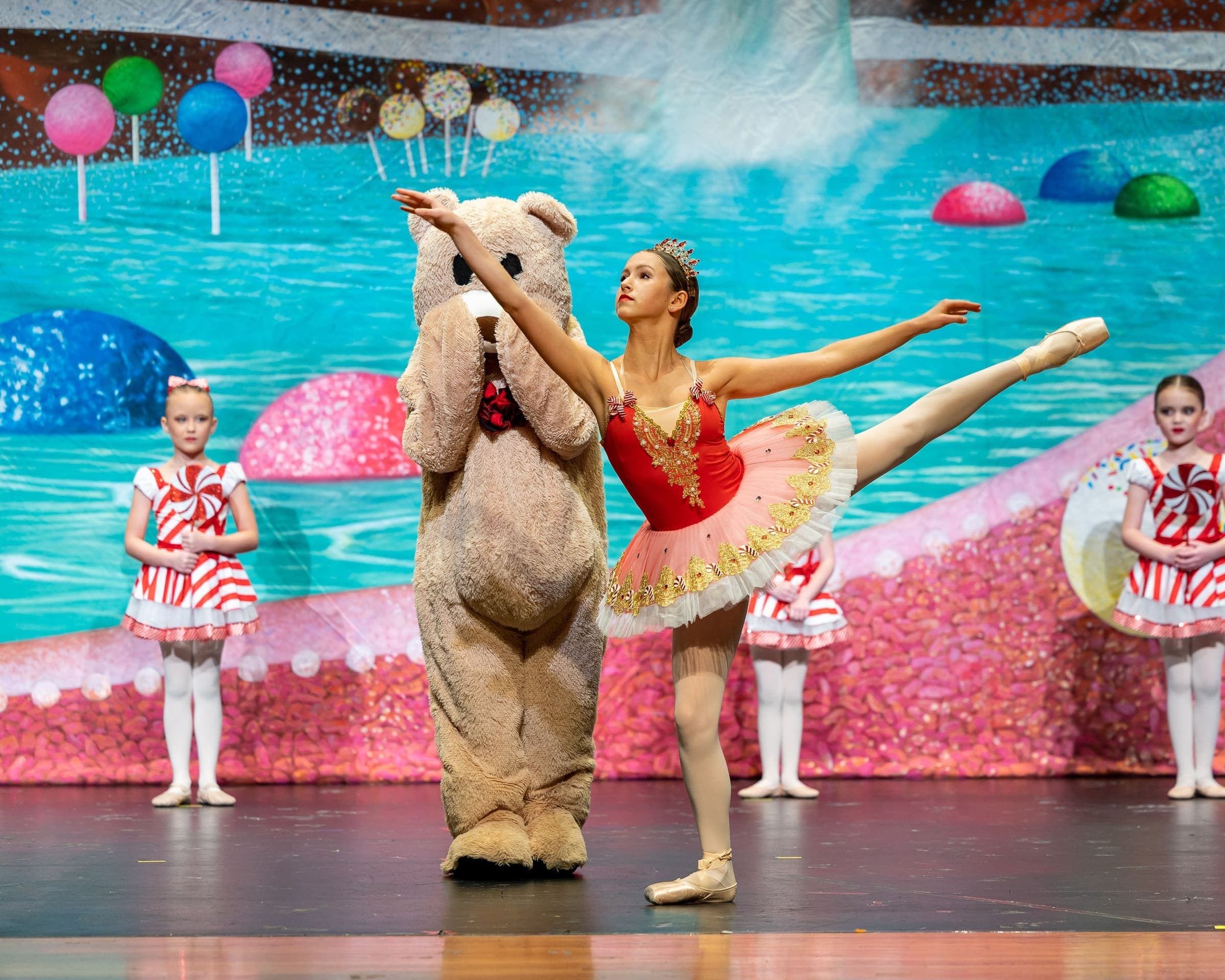 Ballet dancers performing the Candy Cane Queen production